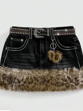 Y2K Black Denim Mini Skirt with Faux Fur Hem and Heart Charm